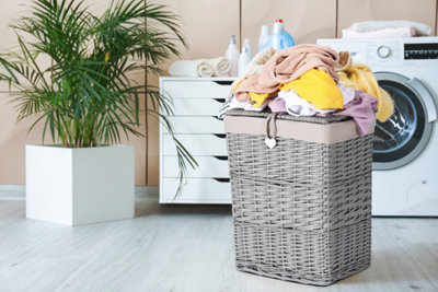 Large Premium Grey Paint Wicker Laundry Basket Cotton Lining With Lid Bathroom Storage Basket from B&Q