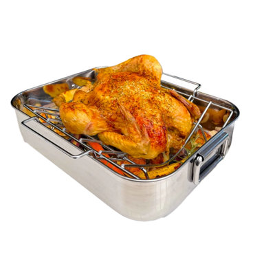 Jean-Patrique Stainless Steel Roasting Pan With Removable RackLarge Non-Stick Roaster Tray For Healthy Roasts & Easy Cleaning from B&Q