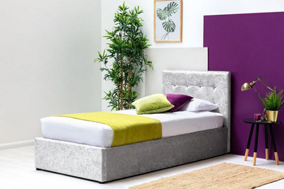 Lowther Silver Crushed Velvet Ottoman Storage Bed Single 3Ft