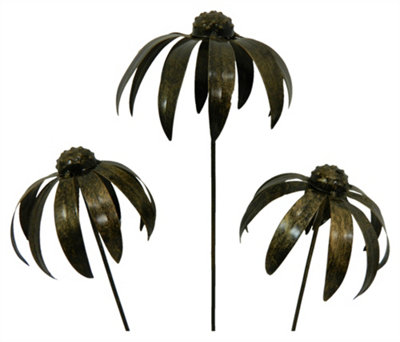 Metal Echinacea Daisy Flower Ornament On 100Cm StickSet Of 3 Gold from B&Q