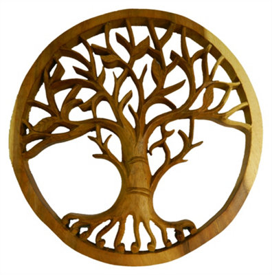 Wooden Tree Of Life Carving Wall Art Tile PlaqueTree Of Life With Leaves 30Cm from B&Q