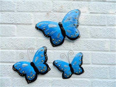 Metal Butterfly Wall Hanging Decoration Wall Art Butterflies Set Of 3Blue from B&Q