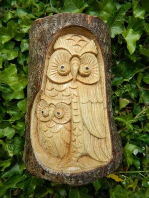 Wooden Owl CarvingHand Carved Half Tree LogMother And Baby Owl Design 20Cm from B&Q