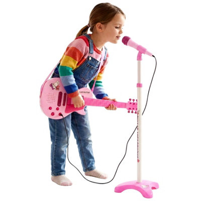 The Magic Toy Shop Kids Pink Electric Guitar & Microphone Set With Adjustable Stand & 6 Strings