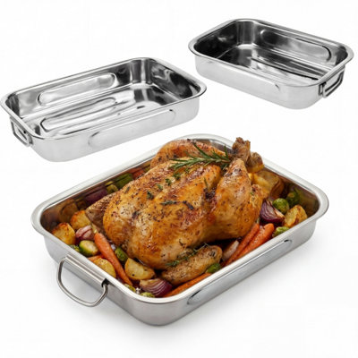 B&Q -  Set Of 3 Stainless Steel Roasting Trays Pans Bakeware Dishwasher Safe Dish Oven