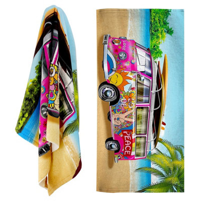 Geezy Large Microfibre Towel Pink Bus Design Lightweight Bath Towel Holiday Camping from B&Q