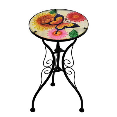 Geezy Garden Glass & Iron Round Coffee Table Flowers And Butterfly Mosaic Design Patio from B&Q