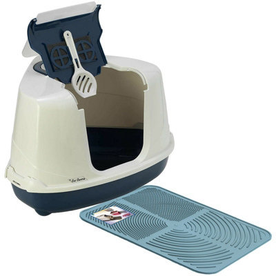 Cat Centre.direct Cat Centre Dark Blue Large Corner Cat Flip Litter Tray + Mat - Hooded Box Toilet + Scoop + Charcoal Filter + Litter Tray Mat