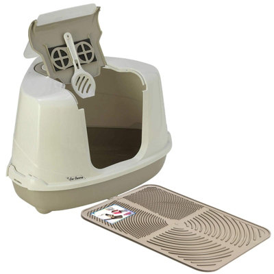 Cat Centre.direct Cat Centre Grey Large Corner Cat Flip Litter Tray + Mat - Hooded Box Toilet + Scoop + Charcoal Filter + Litter Tray Mat