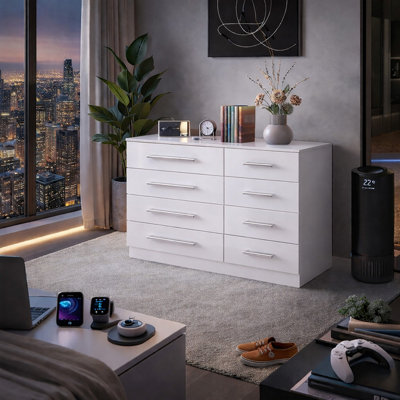 Harmin High Gloss White 8 Drawer Sideboard / Cupboard / Buffet Solo / Chest Of Drawers from B&Q
