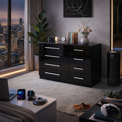 Harmin High Gloss Black 8 Drawer Sideboard / Cupboard / Buffet Solo / Chest Of Drawers from B&Q