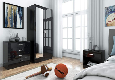 B&Q -  Mirrored Black High Gloss Bedroom Furniture Set2 Door Wardrobe Chest Bedside
