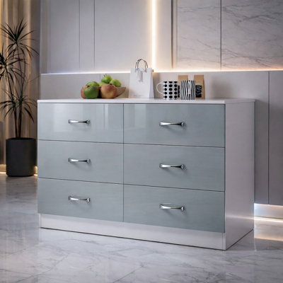 Harmin Grey High Gloss 6 Drawer Sideboard / Cupboard / Buffet Solo / Chest Of Drawers With Matt White Frame from B&Q