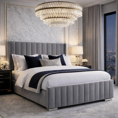 B&Q -  Luxury 4Ft6 Double Grey Plush Velvet Ottoman Winged Bed