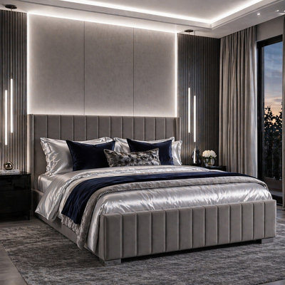 B&Q -  Luxury 4Ft6 Double Steel Plush Velvet Ottoman Winged Bed