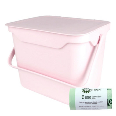 Purely Home Easy Eco 5L Pastel Pink Kitchen Compost Caddy/food Waste Bin & 50 X 6 Litre Compostable Bags from B&Q