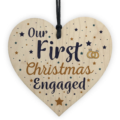 Red Ocean First Christmas Engaged Wooden Xmas Tree Decoration Heart Bauble Fiancé Gift For Her Boyfriend Girlfriend from B&Q