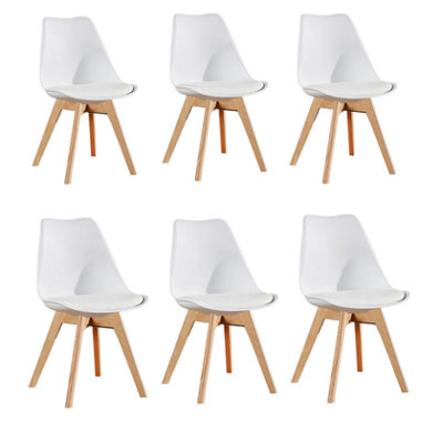 B&Q -  Set Of 6 White Scandinavian Dining Chairs With Leather Cushions Solid Wood Legs