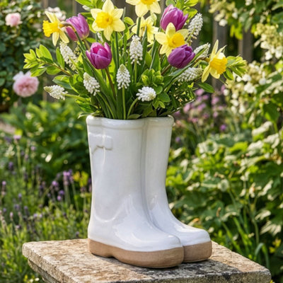 Dibor Small White Double Wellington Ceramic Indoor Outdoor Flower Pot Garden Planter Pot H17 X W15Cm from B&Q