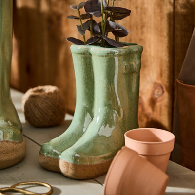 Dibor Small Sage Green Wellingtons Boots Ceramic Indoor Outdoor Flower Pot Garden Planter Pot H17 X W15Cm from B&Q