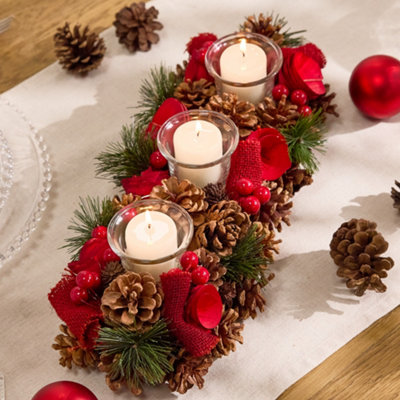 Dibor Winter Red Rose Trio Tealight Xmas Table Decoration Centrepiece Christmas Décor Candle Holder from B&Q
