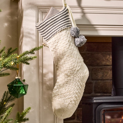 Dibor White Sparkle Chunky Knit Pom Pom Xmas Gift Decoration Christmas Stocking For Kids from B&Q
