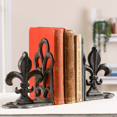 Dibor Vintage Style Pair Of Fleur De Lys Cast Iron Book Stand Bookends