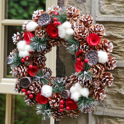 B&Q -  36Cm Pinecone And Roses Xmas Festive Decor Front Door Wreath Christmas Wreath