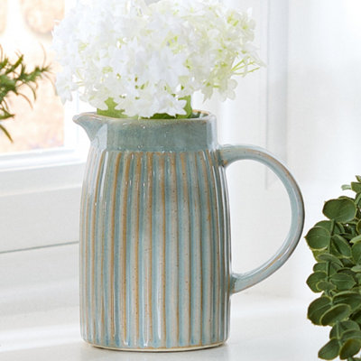 B&Q -  Vintage Small Ribbed Blue Pitcher Flower Pot Jug Vase H13 X W13Cm