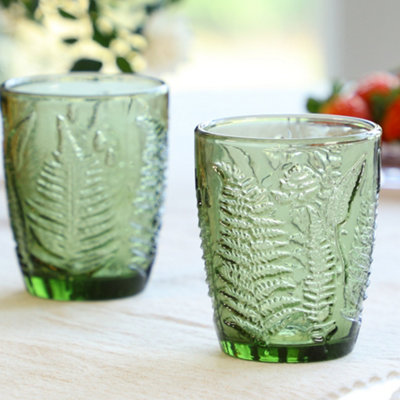 Dibor Set Of 2 Vintage Luxury Green Leaf Embossed Drinking Glass Tumblers 260Ml from B&Q