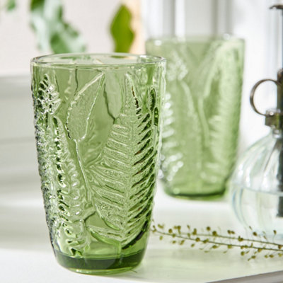 Dibor Set Of 2 Luxury Green Leaf Embossed Tall Highball Drinking Glass Tumblers 350Ml from B&Q