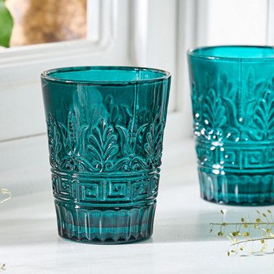 B&Q -  Set Of 2 Blue Art Deco Embossed Spring Summer Drinking Glass Tumblers 280Ml