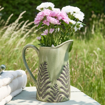 B&Q -  Sage Green Hallway Room Table Decor Ceramic Pitcher Jug Flower Vase H22.5 X W10.5Cm