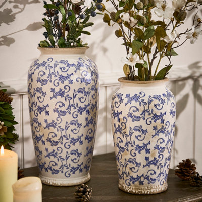 Dibor Set Of 2 Vintage Luxury Solene Blue Botanical Flower Urn Vase from B&Q
