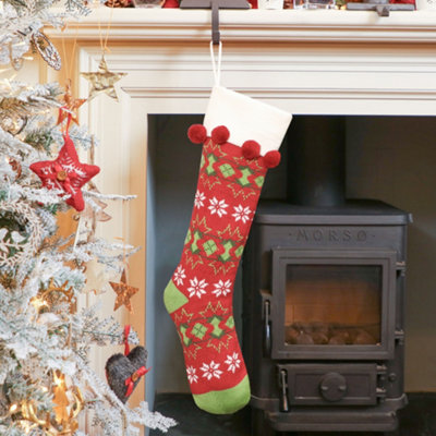 Dibor Knitted Red Fair Isle Pompom Xmas Gift Decoration Christmas Stocking For Kids from B&Q