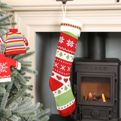 Dibor Red Traditional Fair Isle Xmas Tree Decoration Christmas Gift Bag Christmas Stocking
