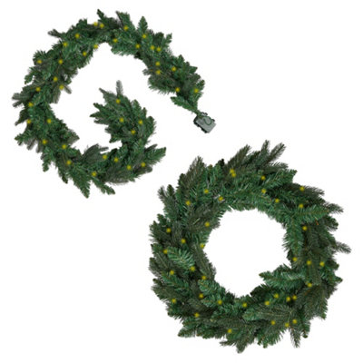 Dibor Traditional Melrose Matching Pre-Lit Decorative Christmas Wreath And Garland Set from B&Q