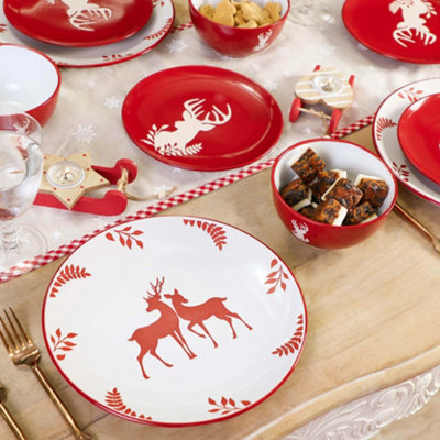 Dibor 18 Piece Red Plates And Bowls Reindeer Christmas Dinner Set 6 Person Christmas Crockery Set from B&Q
