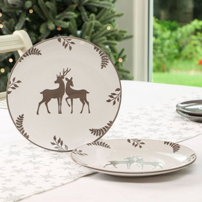 Dibor Set Of 2 Grey Stag Christmas Tableware Serving Dish, Christmas Dinner Plates