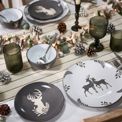 Dibor 12 Piece Grey Stag Plates And Bowls Reindeer Christmas Dinner Set 4 Person Christmas Crockery Set from B&Q