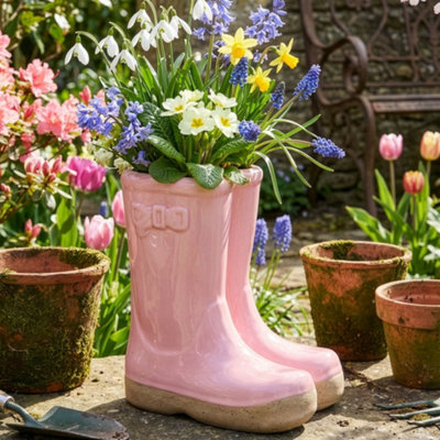 Dibor Small Pink  Double Wellington Boots Ceramic Indoor Outdoor Flower Pot Garden Planter Pot H17 X W15Cm from B&Q