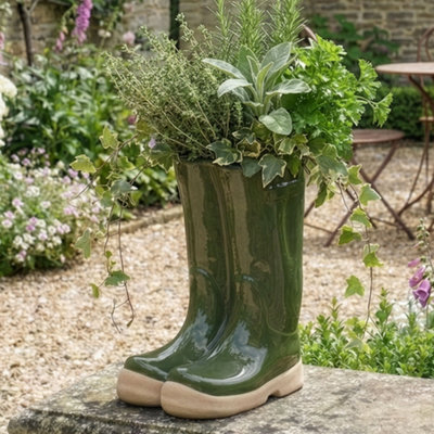 Dibor Dark Green Wellington Boots Large Ceramic Indoor Outdoor Flower Pot Garden Planter Pot H29.5 X W24Cm from B&Q
