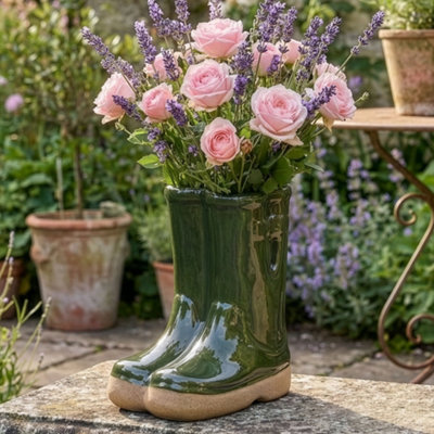 Dibor Small Green Children Wellington Boot Ceramic Indoor Outdoor Flower Pot Garden Planter Pot H17 X W15Cm from B&Q