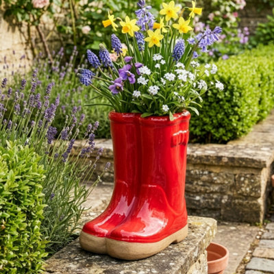 Dibor Small Red Wellington Boot Ceramic Indoor Outdoor Flower Pot Garden Planter Pot H17 X W15Cm from B&Q