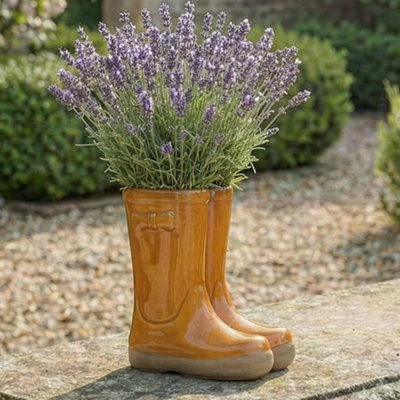 Dibor Small Orange Double Wellington Boots Ceramic Indoor Outdoor Flower Pot Garden Planter Pot H17 X W15Cm from B&Q
