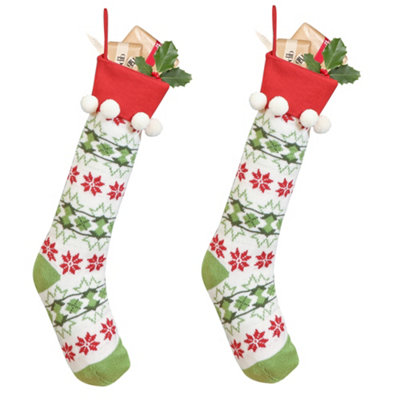 Dibor Set Of 2 Knitted White Fair Isle Pompom Xmas Gift Decoration Christmas Stocking For Kids from B&Q