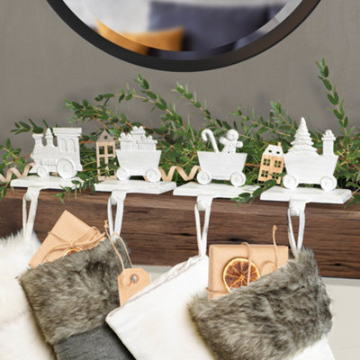 Dibor White Family Of 4 Train Decorative Fireplace Stocking Holder Christmas Stocking Holder Set