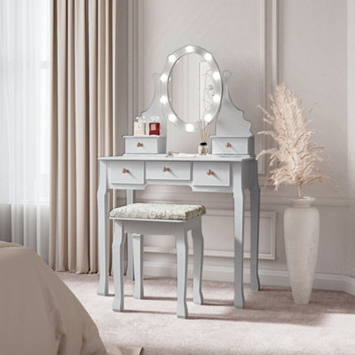 CARME Home Grey Vanity Dresser Stool Set Hollywood Led Mirror Lights Battery Vintage Design 5 Storage Drawers Makeup Table Jewellery Organise from B&Q