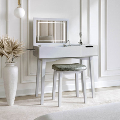 CARME Home Selena Dressing Table Flip Top Led Light Mirror Side Drawer Stool Set Built-In Usb Plug Charger Vanity Dresser Modern Design Styl from B&Q