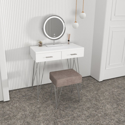 B&Q -  Olivia Dressing Table With Stool SetMakeup & Vanity Desk With Touch Sensor Led LightRound MirrorDrawersWhite